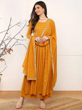 Women Mustard Georgette Solid Embroidered Straight Kurta Palazzo With Dupatta-PKSKD2521YLW